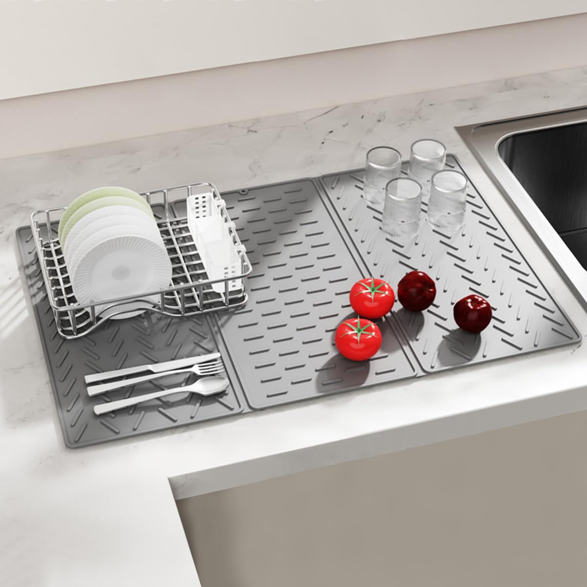 Supvox Kitchen Dry Mat for Dishes featuring Triple Fold Silicone Design and Grooved Surface | 24×16in Countertop Protector