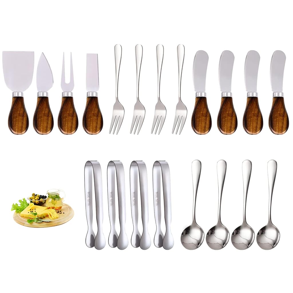 HASTHIP 20Pcs Cheese Knife and Charcuterie Utensils Set with Stainless Steel Blades & Wooden Handles, Includes Cheese Cutter, Spreaders, Charcuterie Utensils for Butter, Cheese and Pastry Making