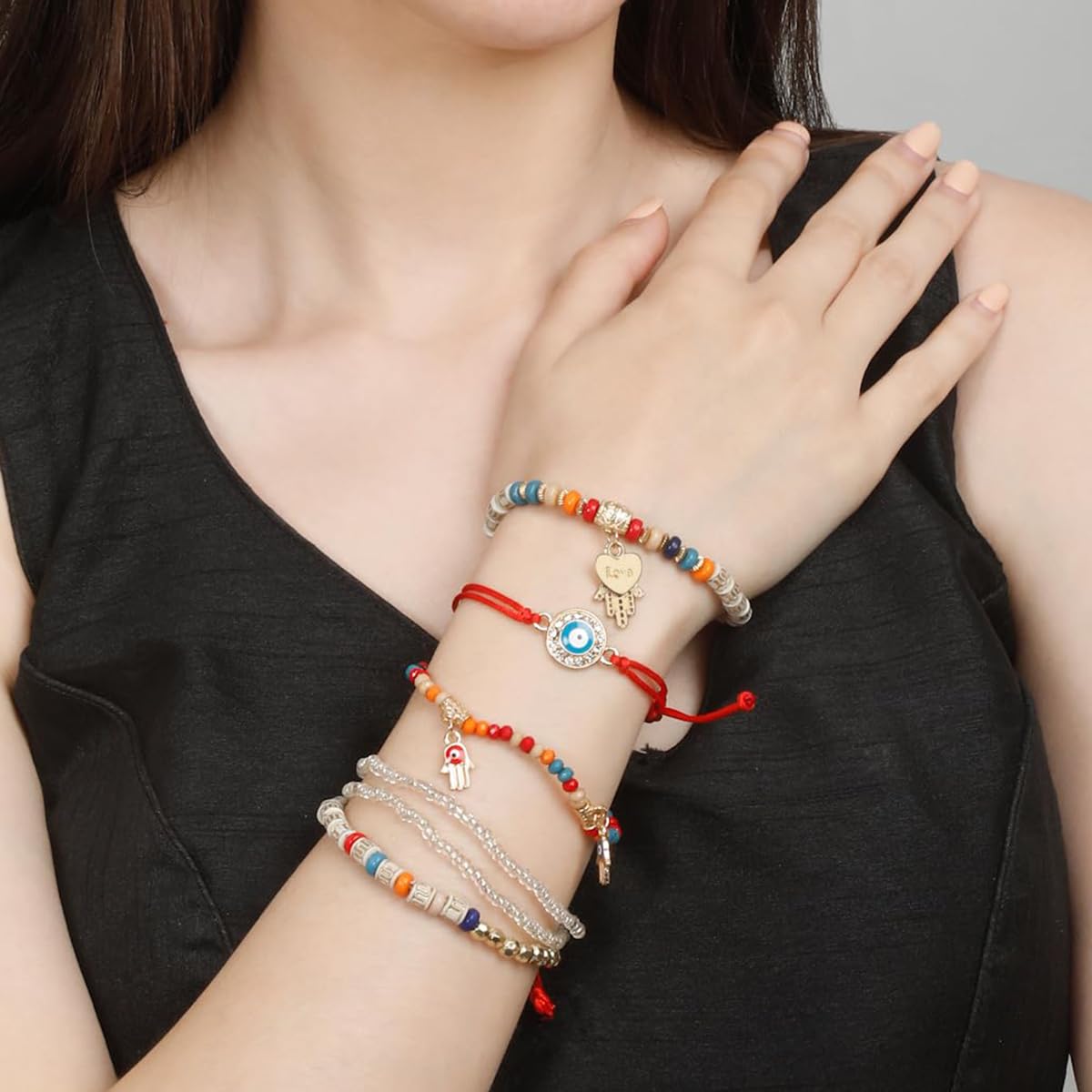 SANNIDHI Boho Evil Eye Bracelet Set for Brother with 6 Layered Beaded Charms | Multicolor Stackable Gift for Women and Girls