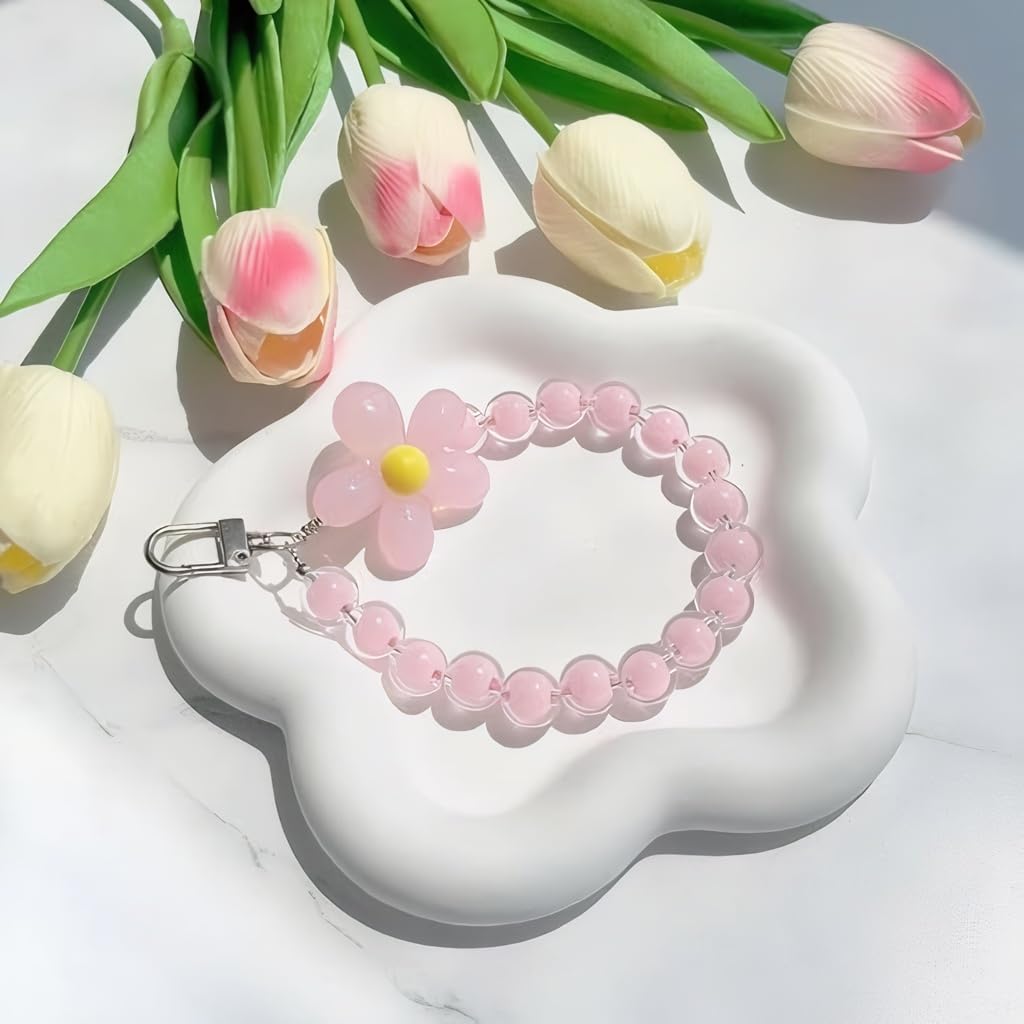 Zibuyu Phone Charm for Girls with Flower Beads and Metal Buckle | Pink Acrylic Strap Grip