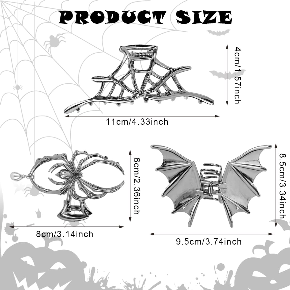 MAYCREATE Gothic Hair Claw Clips for Halloween with Cobweb Bat and Spider Design | 3Pcs Metal Set