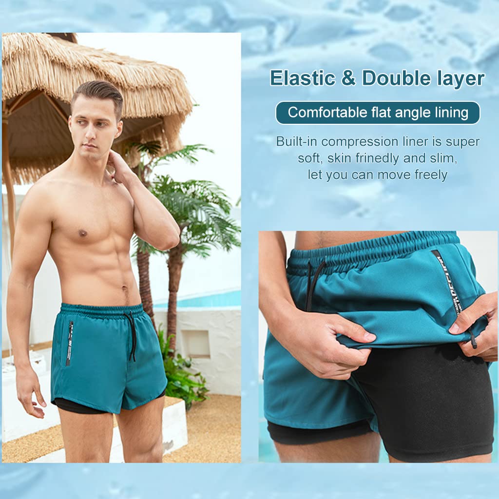 PROBEROS Swimming Shorts for Men with Double Layer Design and Zipper Pockets | Quick Dry Green 2XL