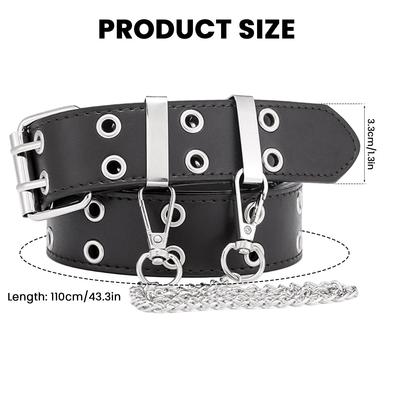SANNIDHI Belt for Women featuring Dual Row Metal Eyelets and Chain in Black PU Leather