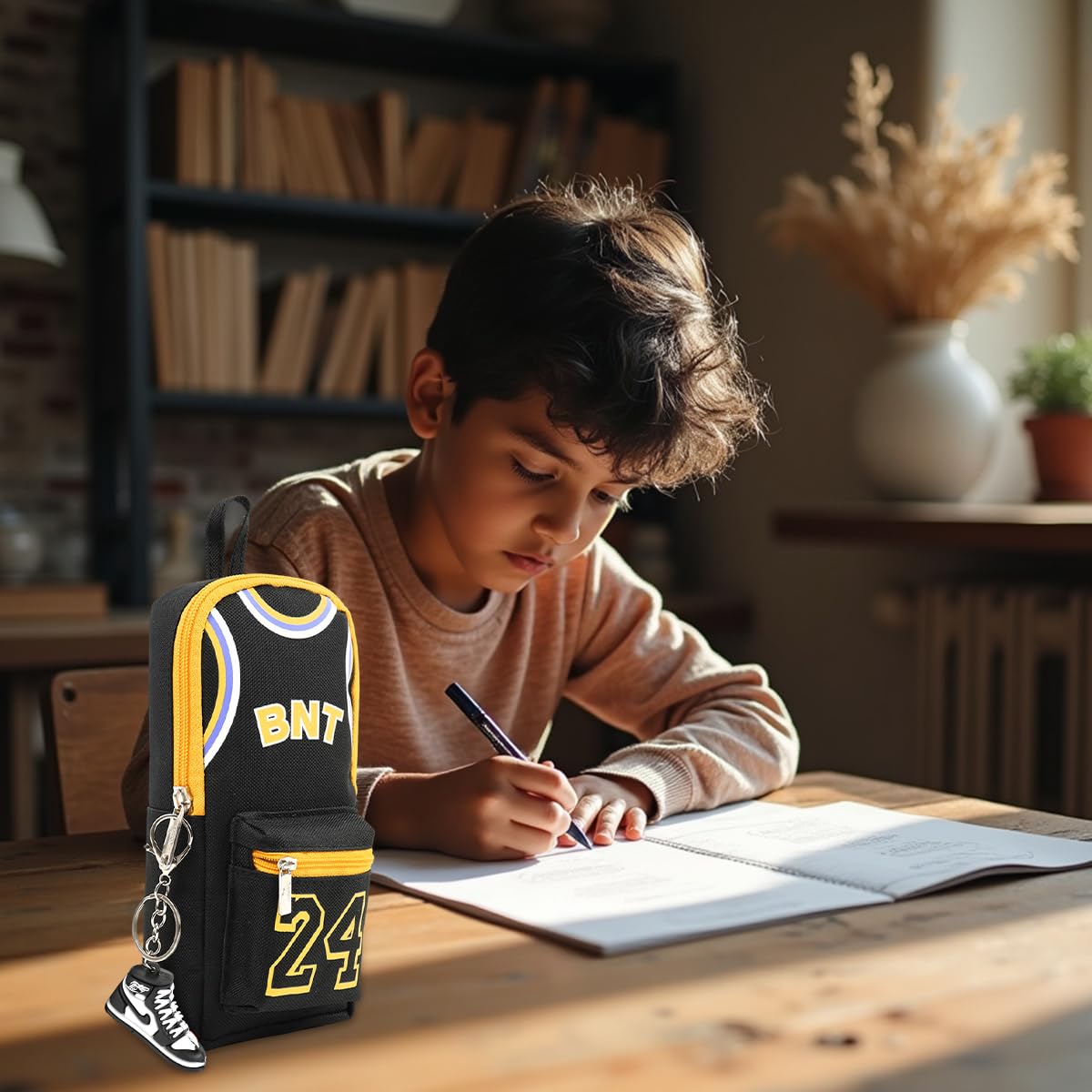 Climberty Pencil Case for Students with Sneaker Keyring Charm and 10x8x21cm Capacity | Black Cotton Pouch