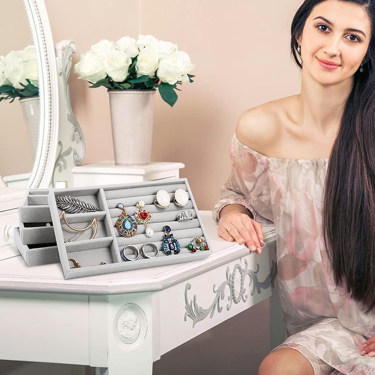 SANNIDHI Jewelry Organizer 4pcs Set for Earrings and Necklaces with Stackable Trays | 9.4×5.9×1.1 in Drawer Storage