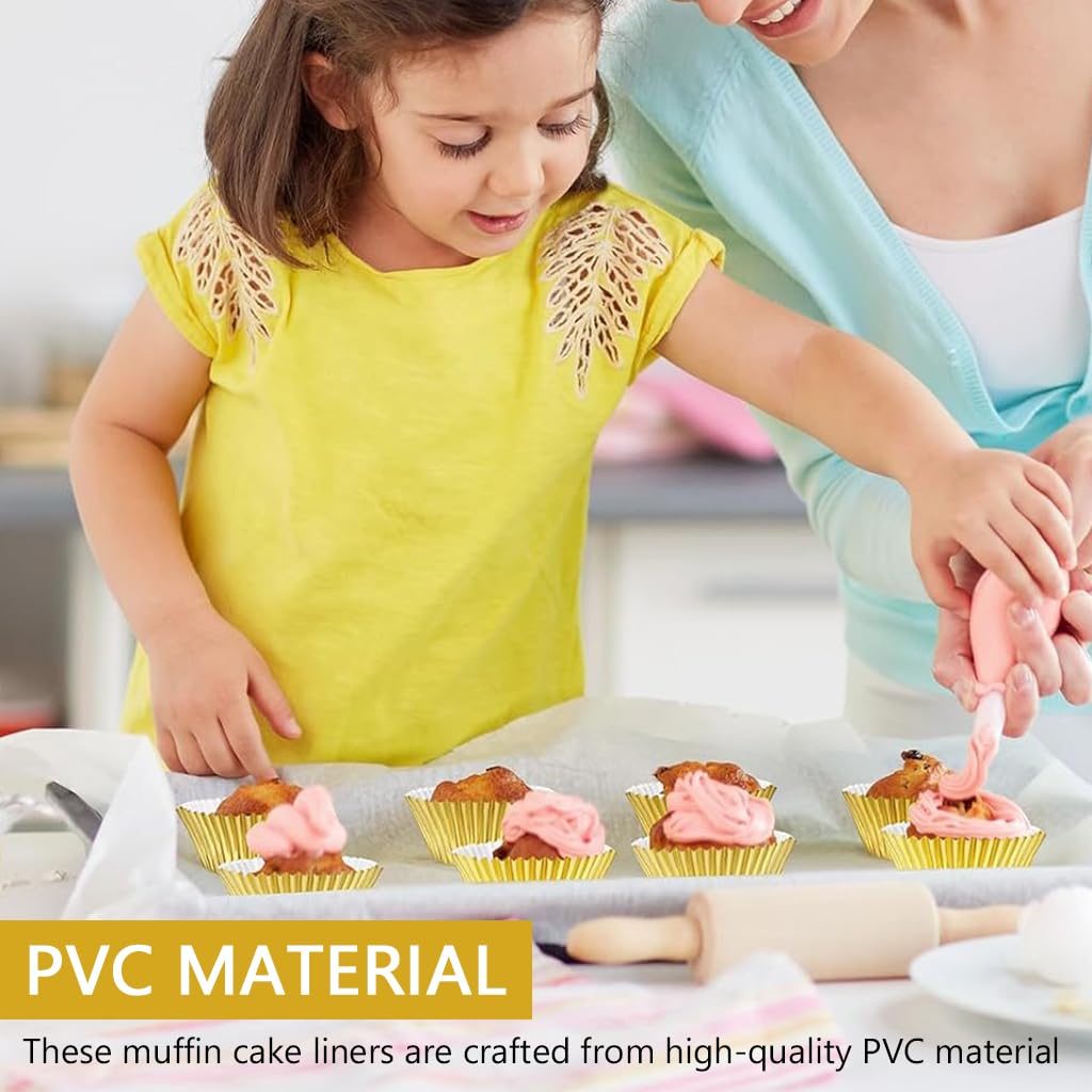 Supvox Mini Foil Baking Cups 100 Pcs for Muffins and Cupcakes with 4.8 cm Base | Gold PVC Reusable Liners