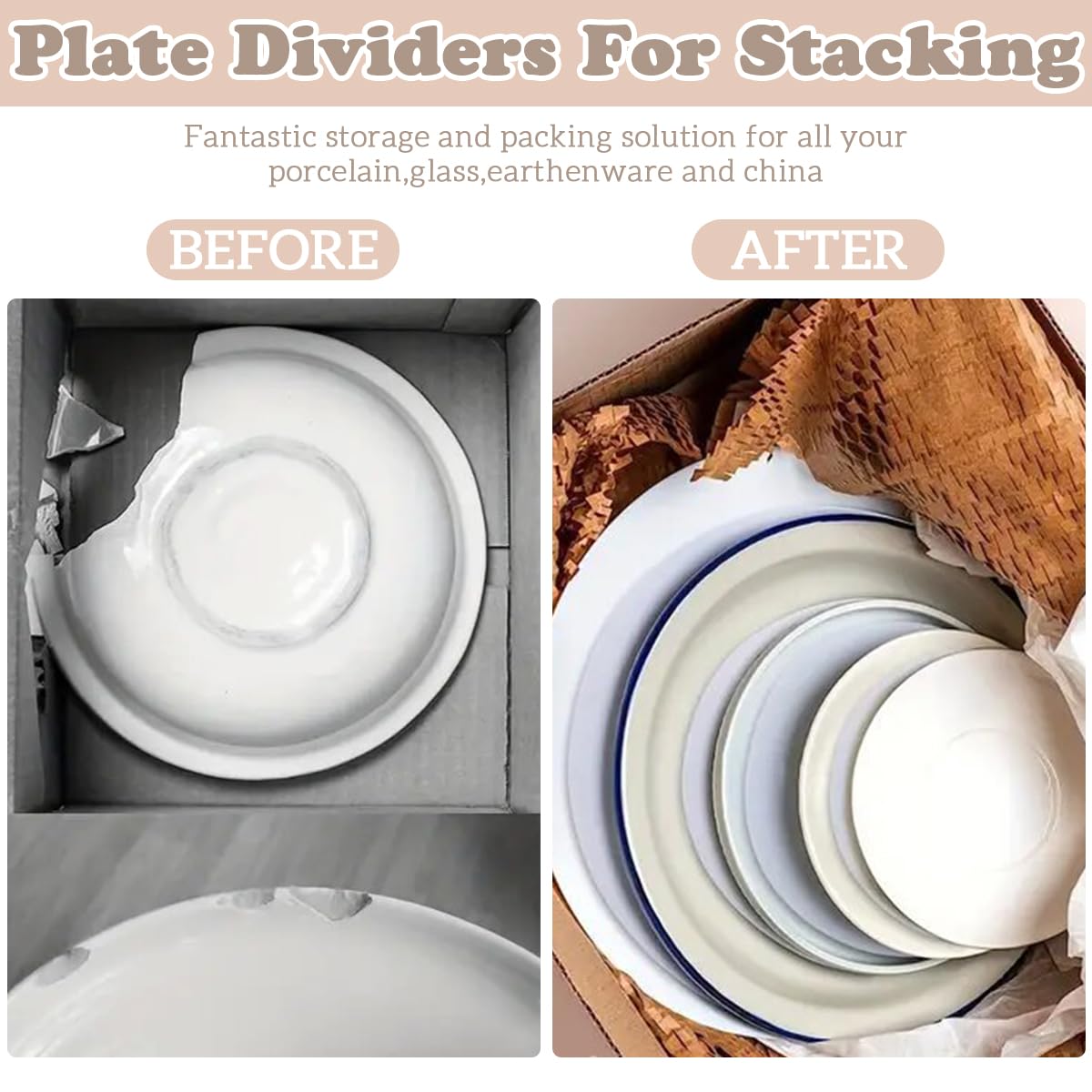 Supvox Plate Dividers for Dish Storage and Transport, 36 Pcs with Anti Scratch Felt Pads | 5 7.5 10.5 in Round White Protectors