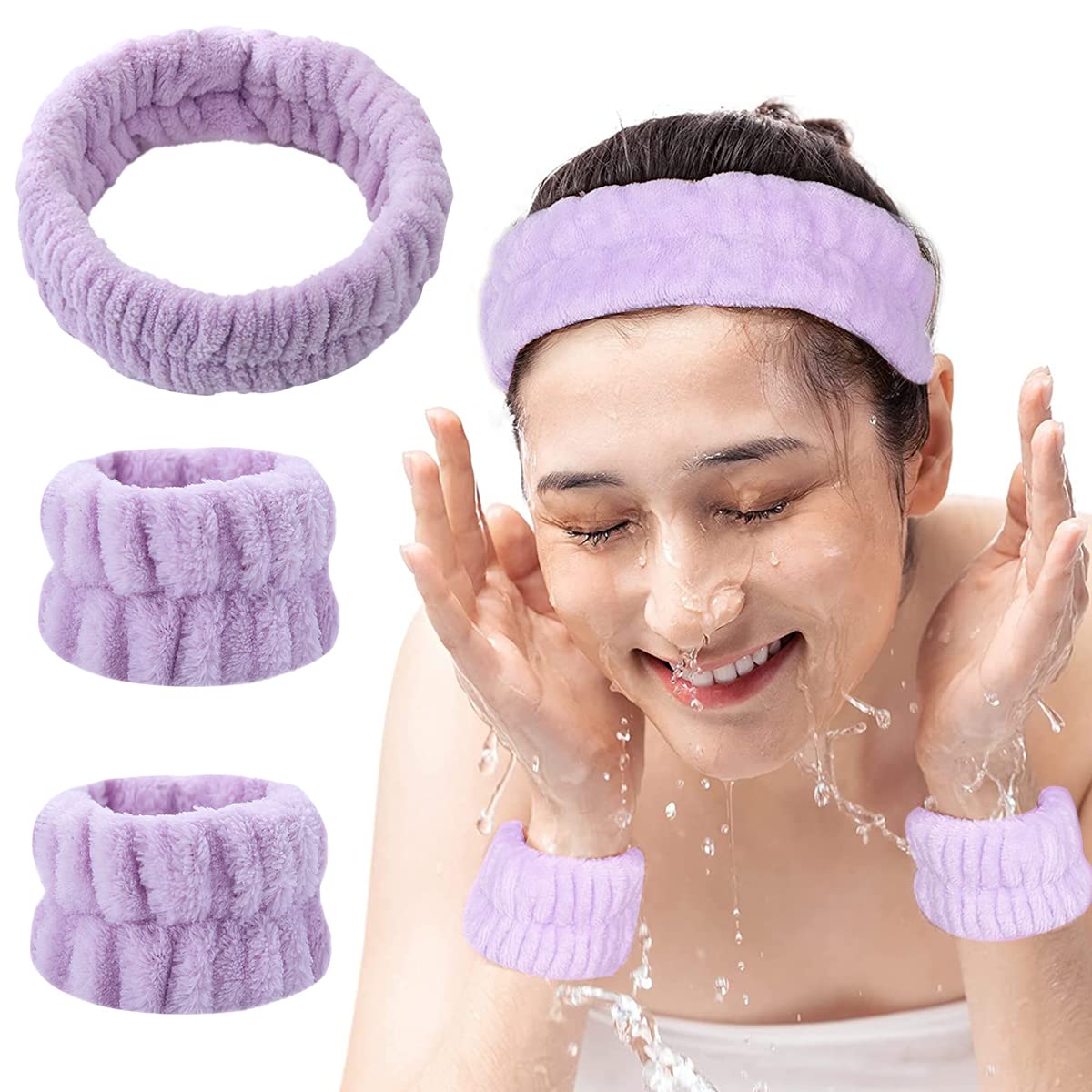 MAYCREATE® 3Pcs Facial Spa Headband Wristband Combo Set, Elastic Microfiber Face Wash Hairband Wrist Wash Bands for Face Washing, Makeup, Yoga, Fitness (Purple)