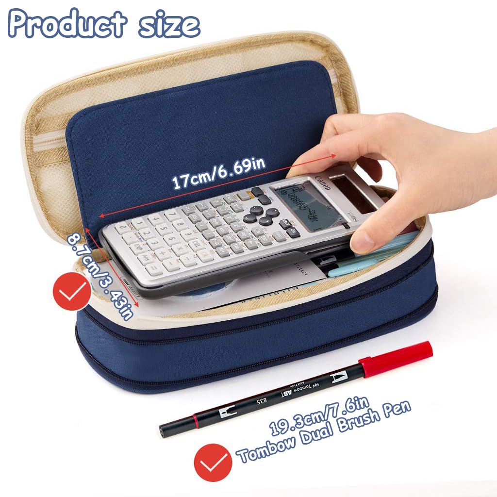 HASTHIP Pencil Pouch for School and Office with Double Zipper Compartments 22x11 cm | Navy Blue Nylon Case