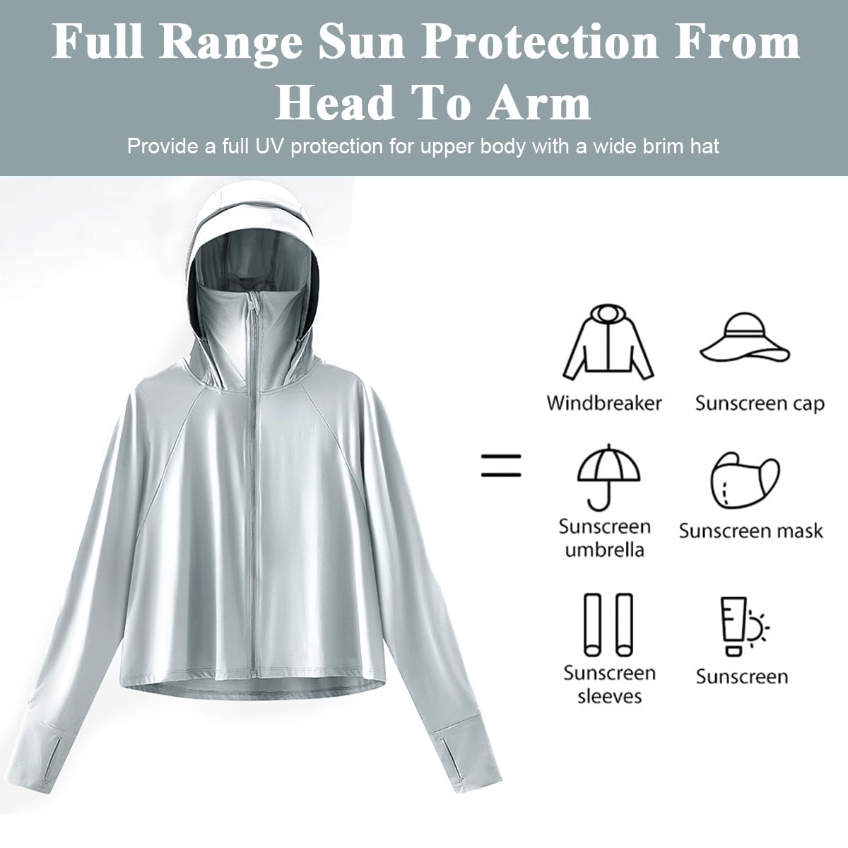 PALAY Women's Sun Protection Jacket UPF 50+ for Outdoor Running and Hiking | Lightweight Nylon Zip Hoodie with Face Mask Grey
