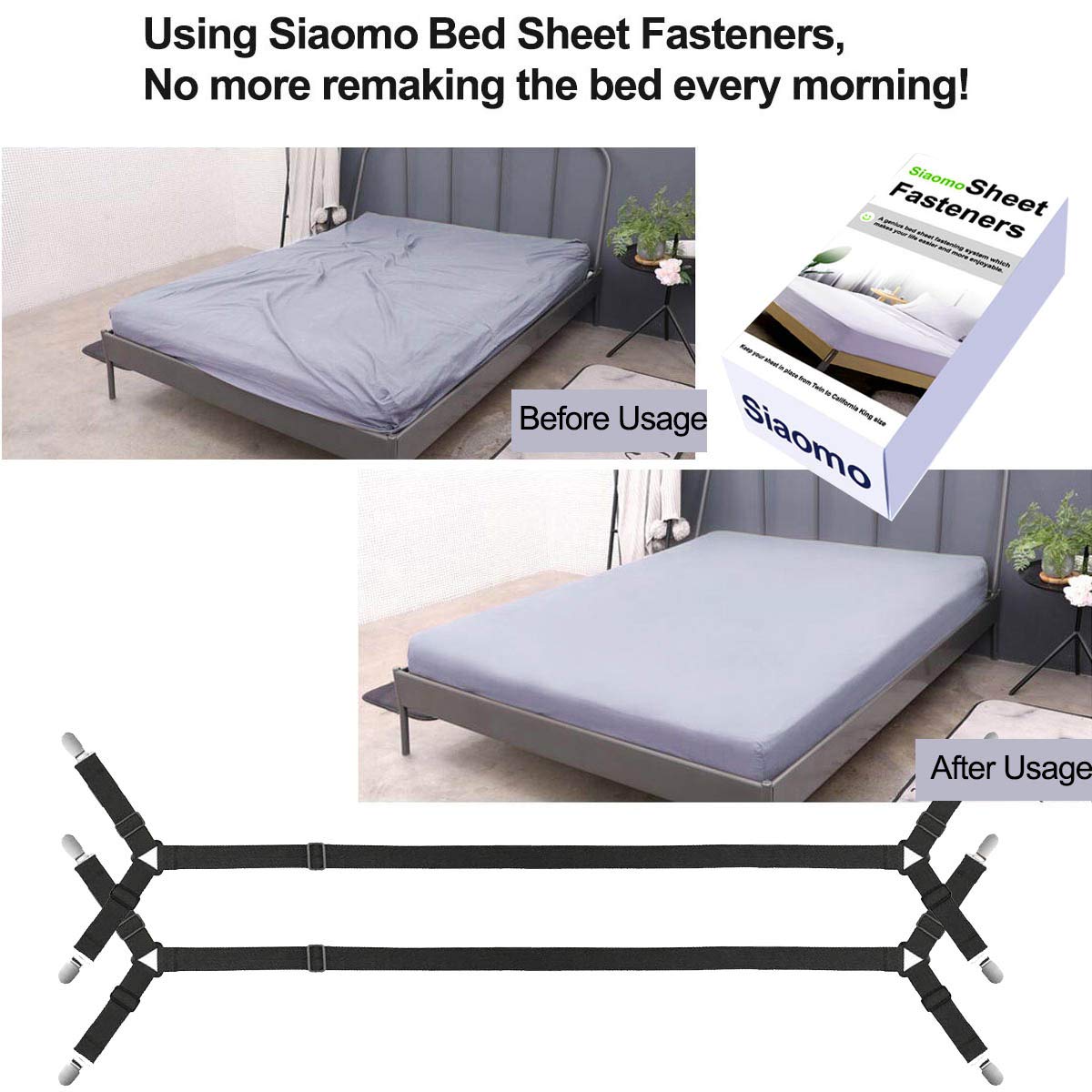HASTHIP Bedsheet Holder for Neated Corners with Adjustable 95–175 cm Straps and Metal Clips | 2 Pcs Set