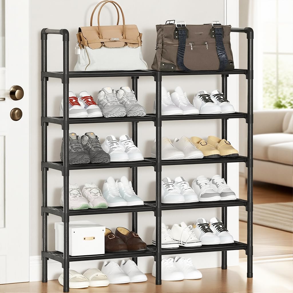 HASTHIP Shoe Rack for Entryway with 5 Tiers featuring DIY Assembly and Black Metal Frame | 96x90x23 cm Freestanding Organizer