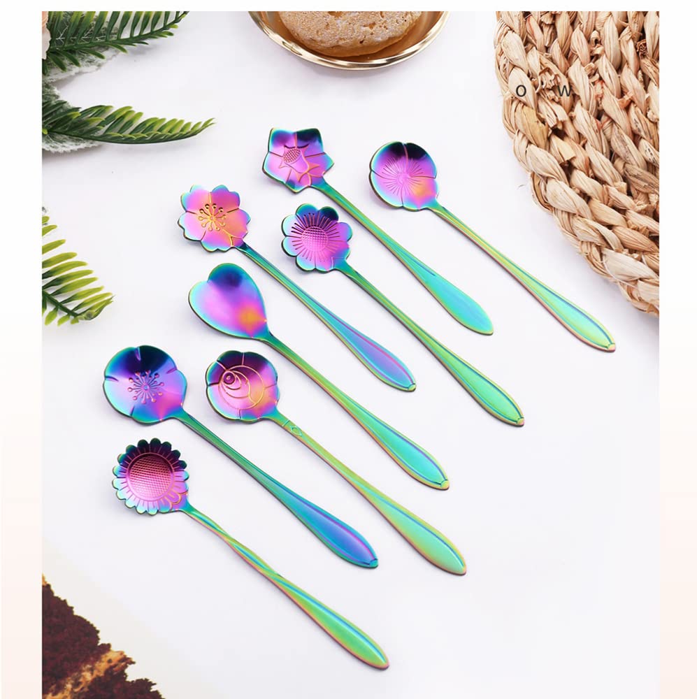 HASTHIP® 8Pcs Colorful Stainless Steel Coffee Spoon Set, Reusable Teaspoons Coffee Sugar Stirring Spoon, Dessert Cake Spoons Tea Scoops (Rainbow Flower)