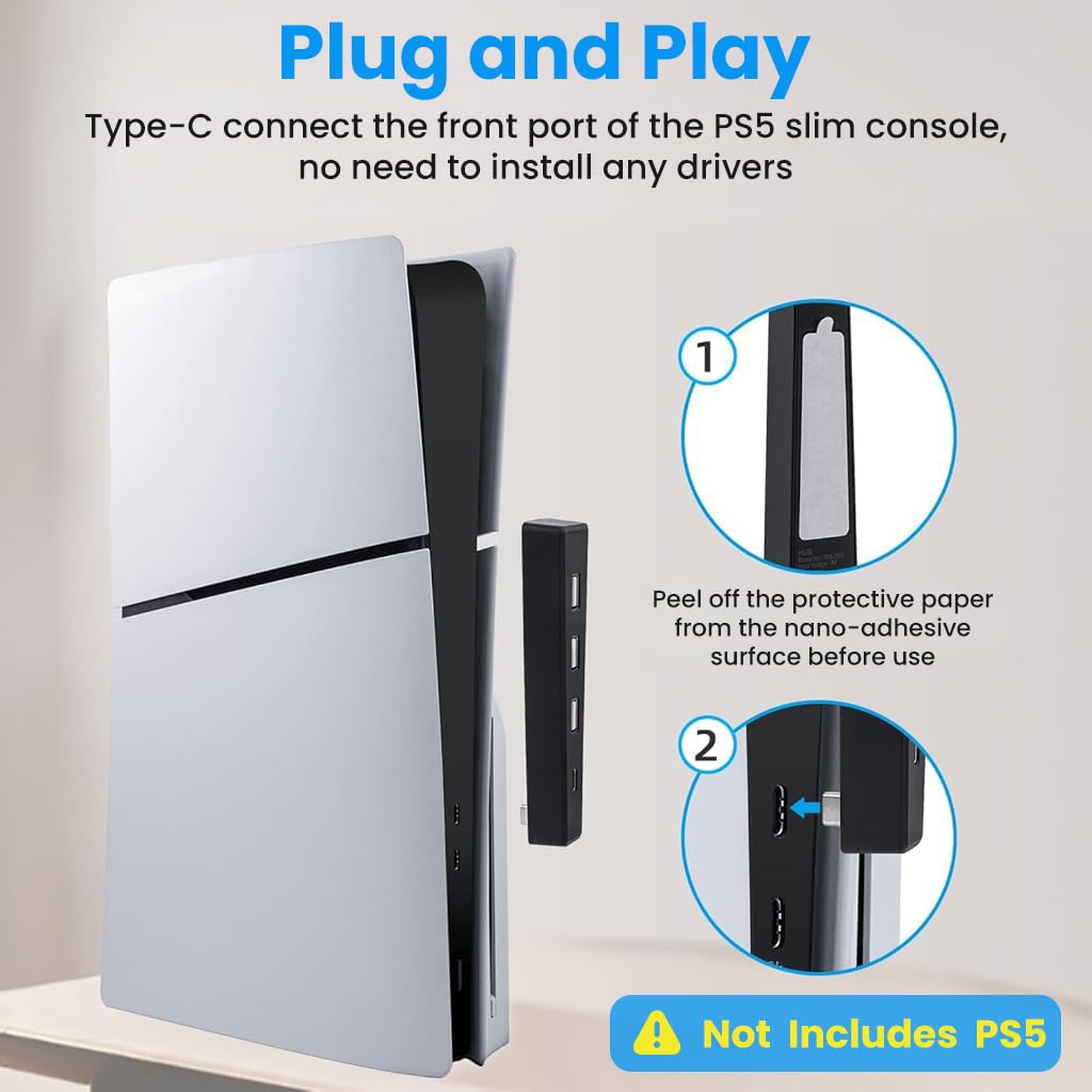 ZORBES USB Hub for PS5 Slim and PS5 Pro with 4 Ports and Stable Type C Connection | Black