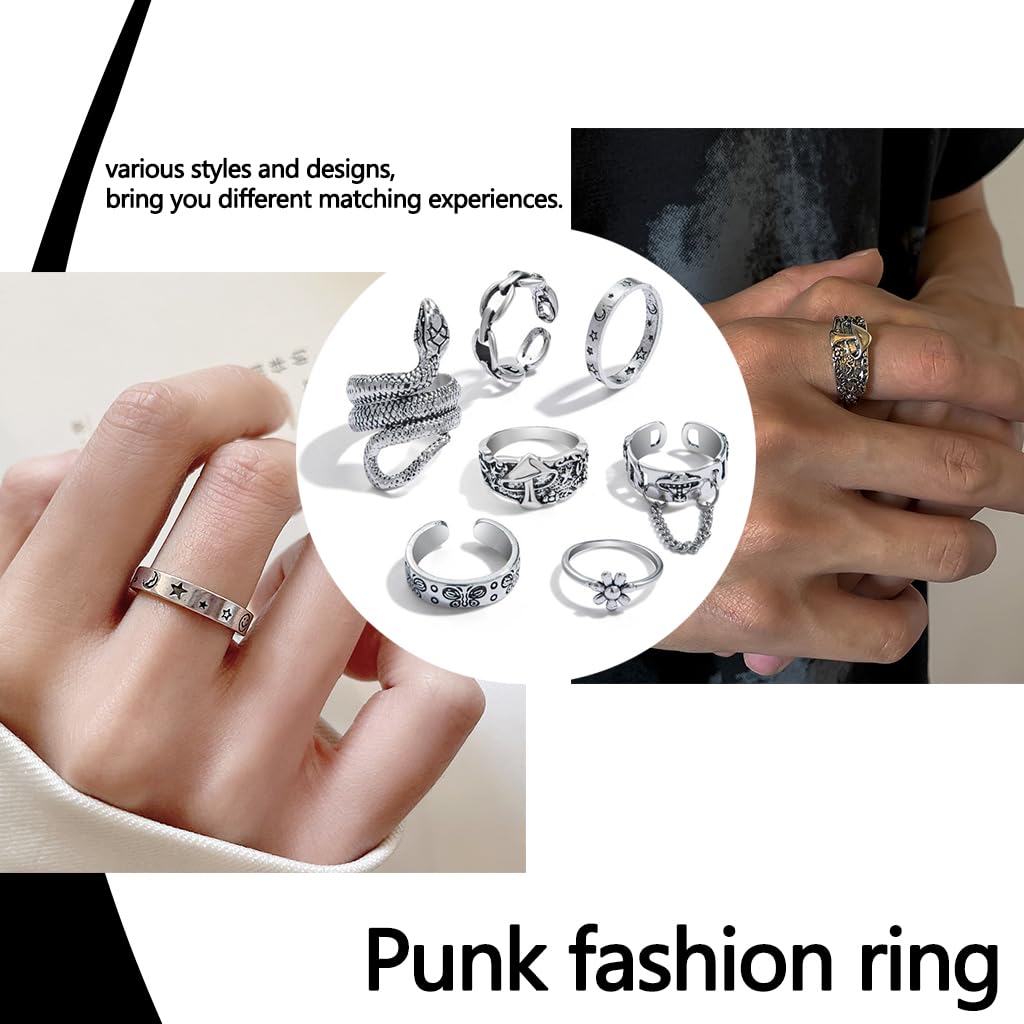 Zibuyu Rings Set for Women featuring 7PC Vintage Distressed Open Joint Design in Silver | Boho Style