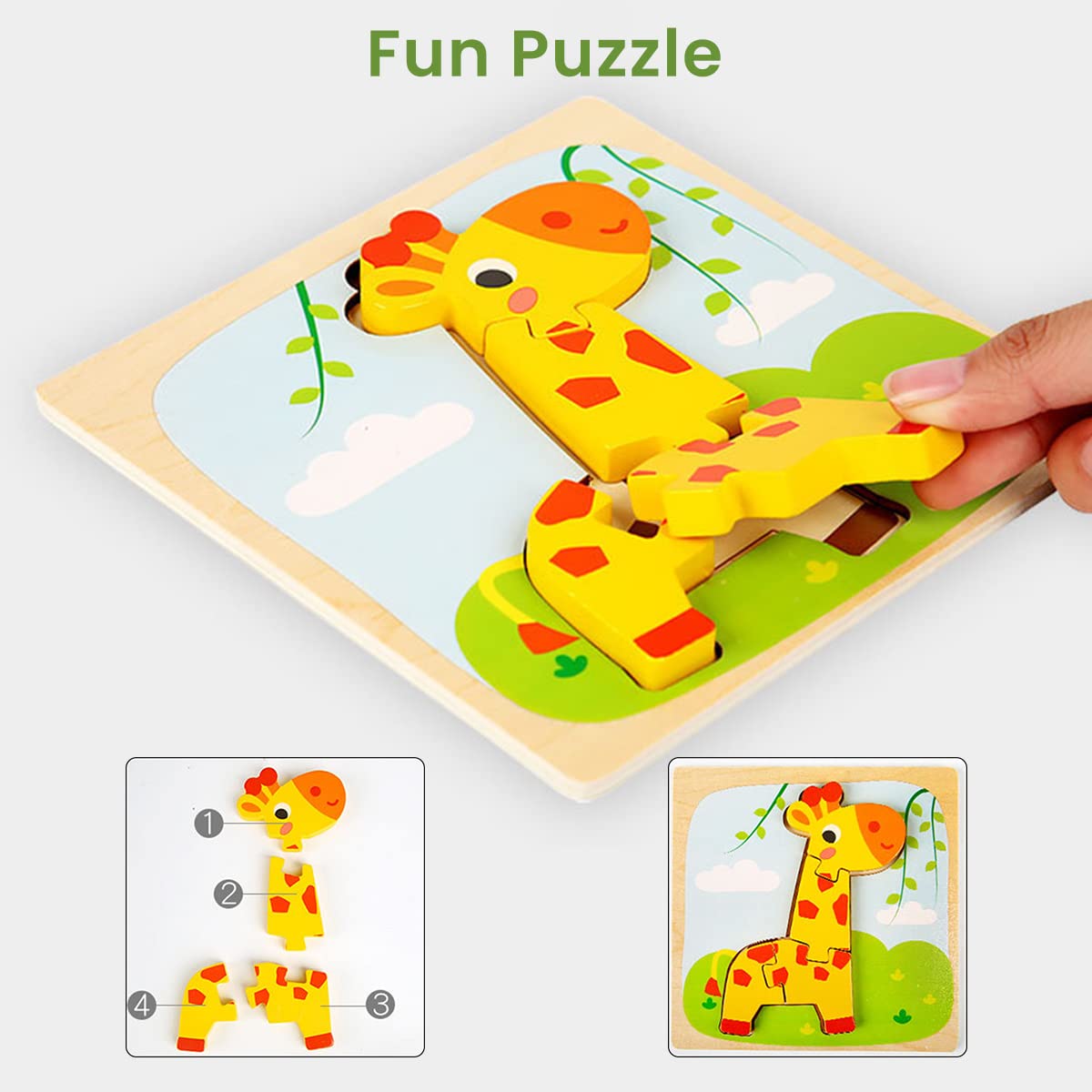 PATPAT Wooden Puzzle Toys for Toddlers featuring 4pcs 3D Cartoon Animal Design | Montessori Gift