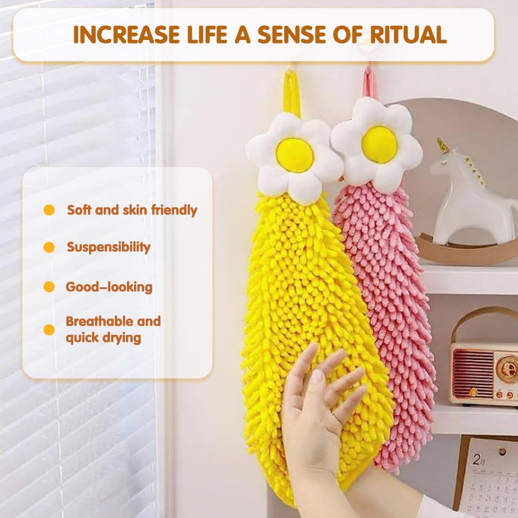 Supvox Hanging Kitchen Hand Towels for Restroom with Hanging Loop & Quick Dry | Pack of 2 Chenille Flower Design