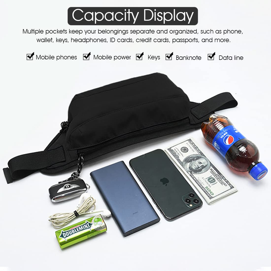 PALAY Waist Bag for Travel and Hiking with 39x8x14 cm Large Capacity | Water Repellent Black Pack