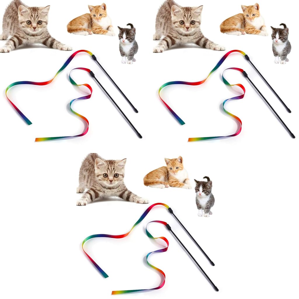 Qpets Cat Wand Toys for Interactive Play with Colorful Satin Ribbons and Bell | 6PCS Set