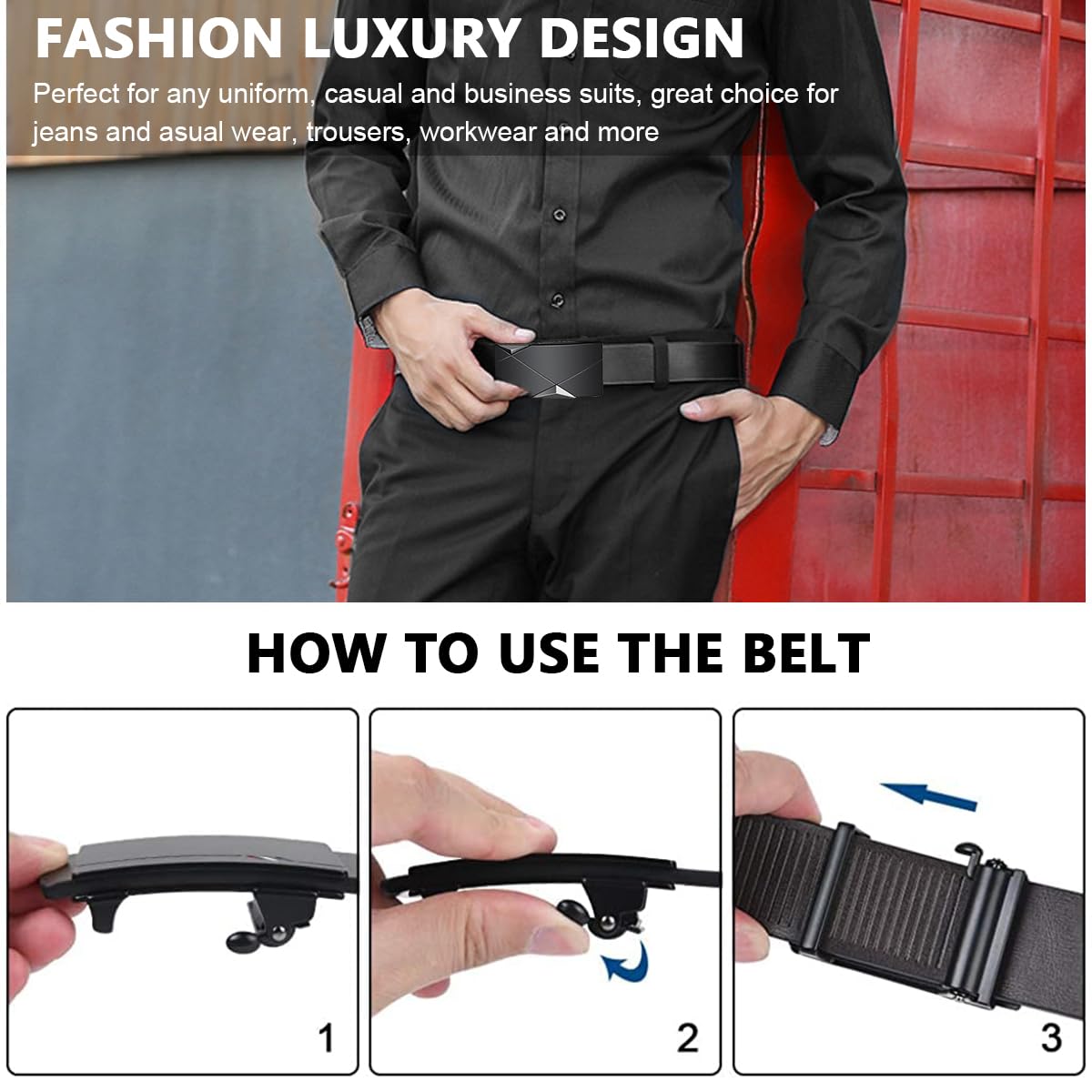 GUSTAVE Mens Leather Belt with Auto Lock Buckle 130 cm Length for 90–105 cm Waists | 2PCS Black