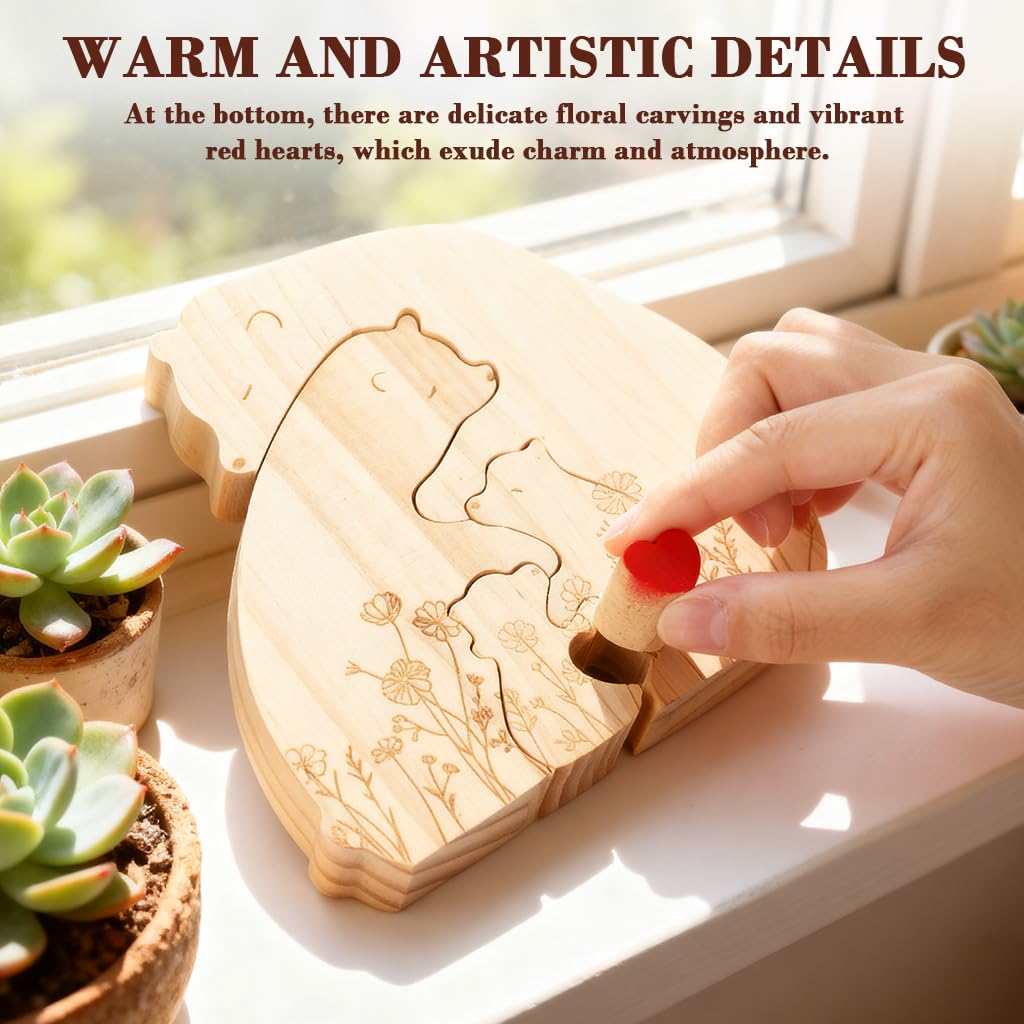 HASTHIP Wooden Family Bear Puzzle Desk Decor with Heart Accent for Personalized Home Gift