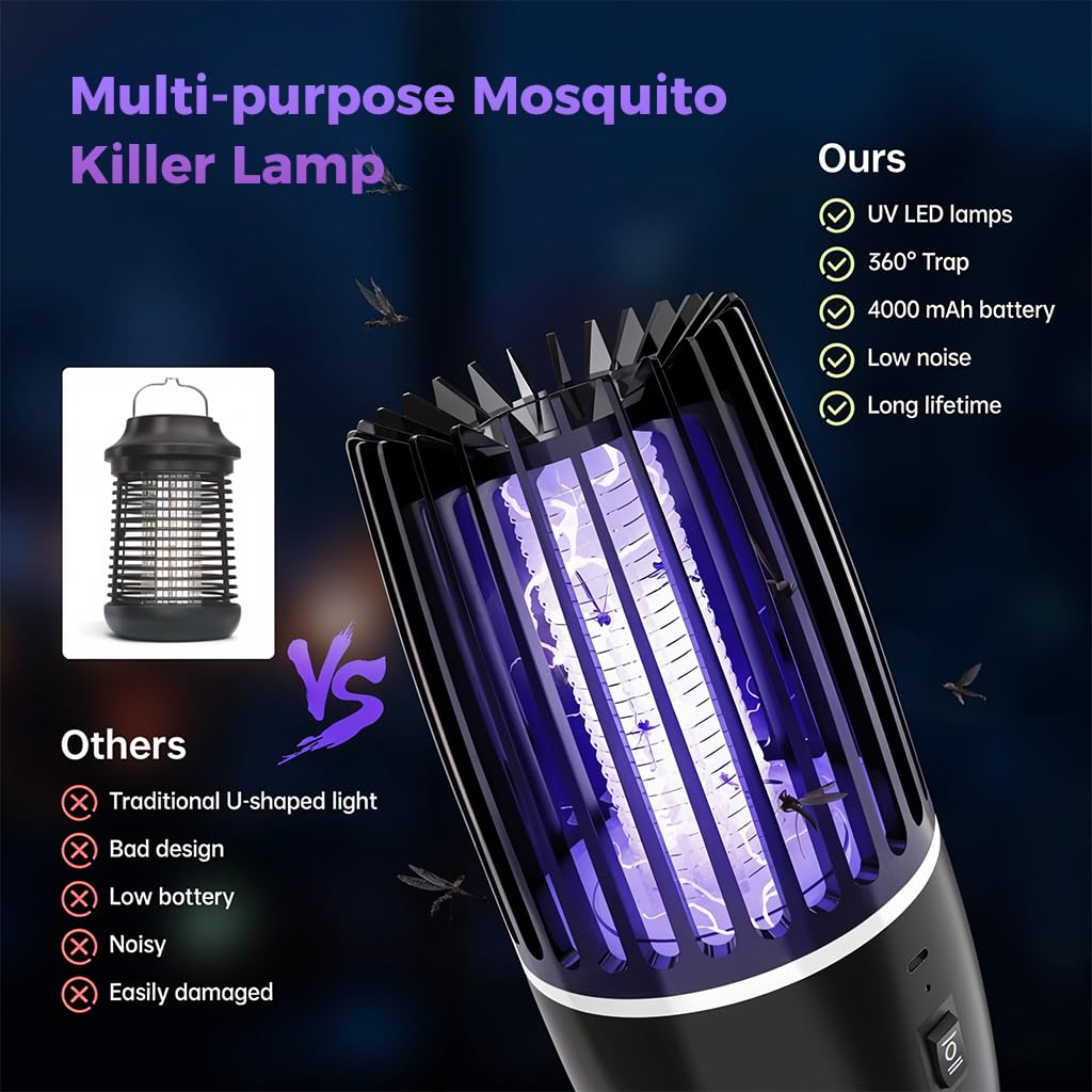 ORTIZA Electric Mosquito Killer Lamp for Home with 4000mAh USB Rechargeable Battery | Quiet UV Light Trap