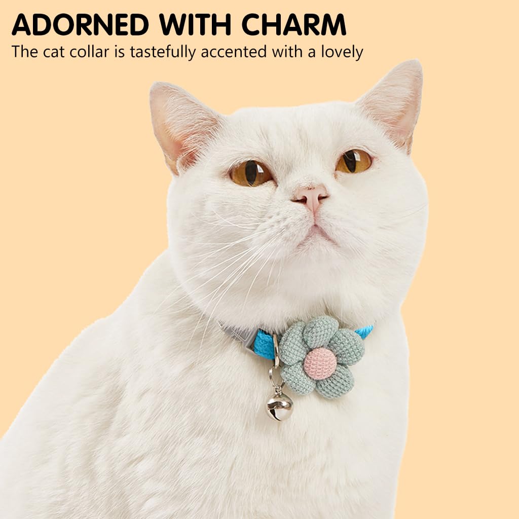 Qpets Cat Collar with Bell featuring Quick Release Buckle and Adjustable 19–32cm Fit | Soft Blue Plush with Crochet Flower