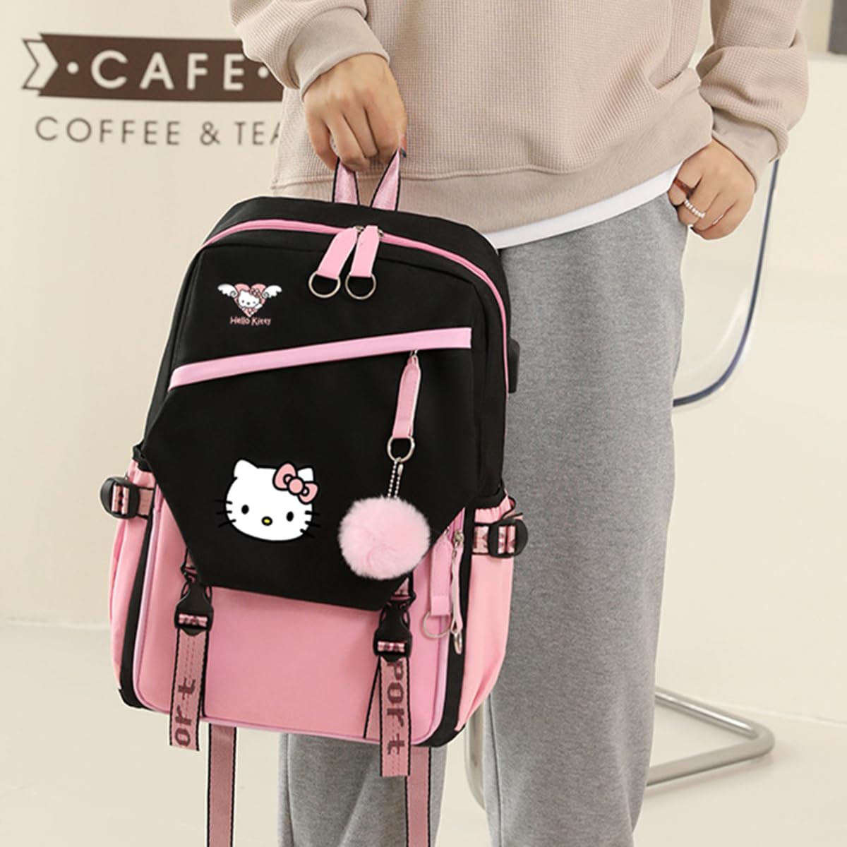 PALAY® Hello Kitty Teen Girls Laptop Backpack, Travel School Bag with USB Charging Port and Headphone Jack, Girls Large Backpack 14 Inches Laptop Bag Cartoon Backpack School Gift for Kids (Pink)