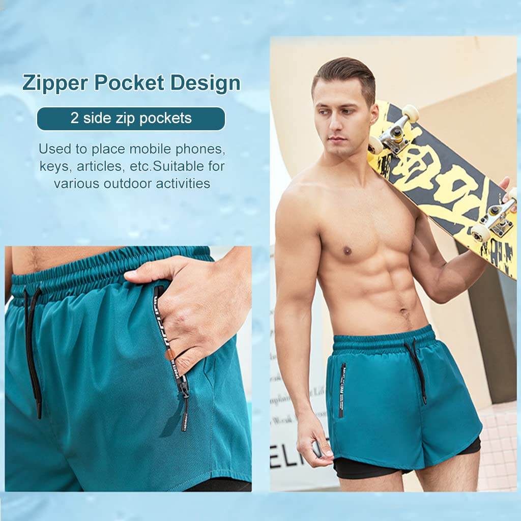 Proberos Swimming Trunk for Men with Double Layer Design and Zipper Pockets | Quick Dry Green Shorts XL