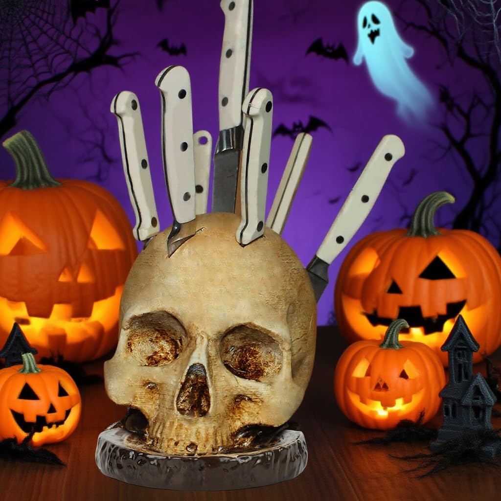 Supvox Skull Shaped Blades Holder for Kitchen and Halloween Decor with 7 Slots | Wooden Base