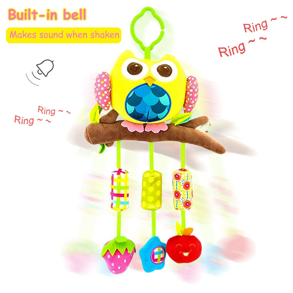 PATPAT® Hanging Toys for Babies 0-6 Months, Rattle Crinkle Squeaky Toy Car Seat Plush Stroller Toy with Teethers Plush Animal C-Clip Ring for Infant Babies Boys and Girls 3 6 9 to 12 Months -Owl