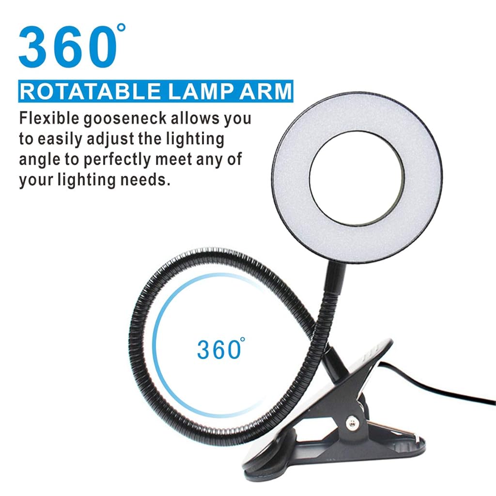 ELEPHANTBOAT® USB Desk Clip Light, 3-Color LED Reading Desk Lamp with 10 Brightness, Flexible Gooseneck Design, Multipurpose LED USB Ring Light for Reading, Crafting