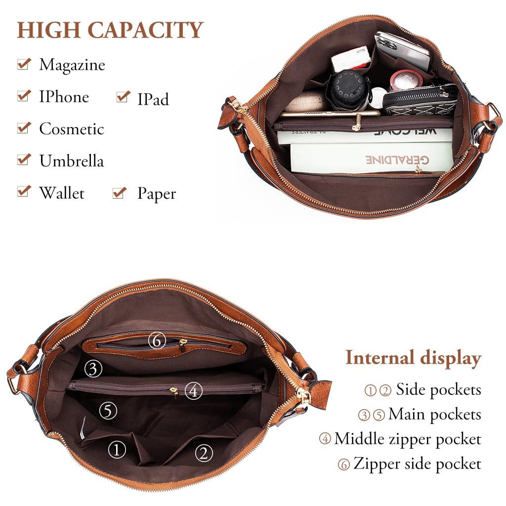 PALAY® Fashion Shoulder Bag Tote Bag Women Crossbody Bag Hand Bag Vintage Spot Print Patch Tote Bag Brown Soft PU Leather Shoulder Bag Large Casual Bag Day Bag Travel Shoulder Bag, 31x13x29cm