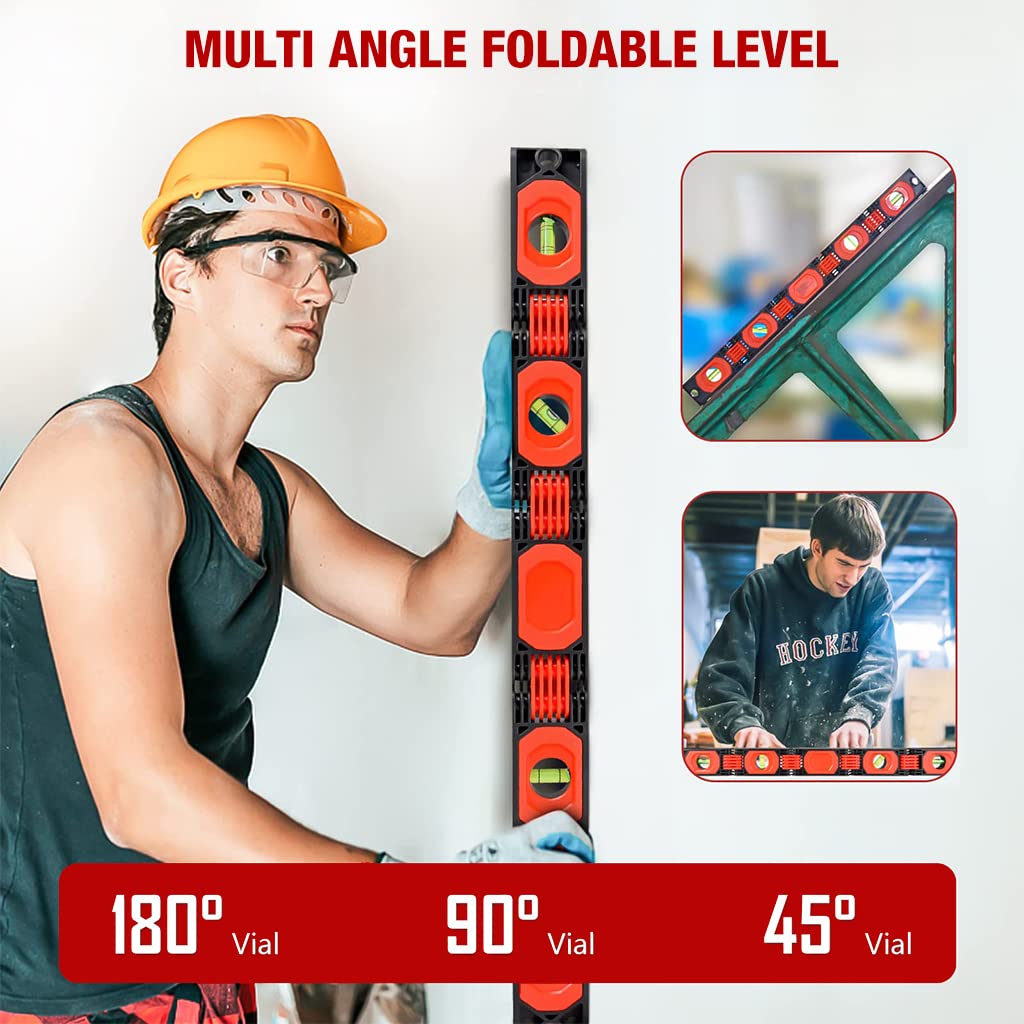 Serplex Foldable Level for Carpenters and Woodworkers featuring 8 Magnets and 4 Bubbles | 28 Inch Aluminum Tool