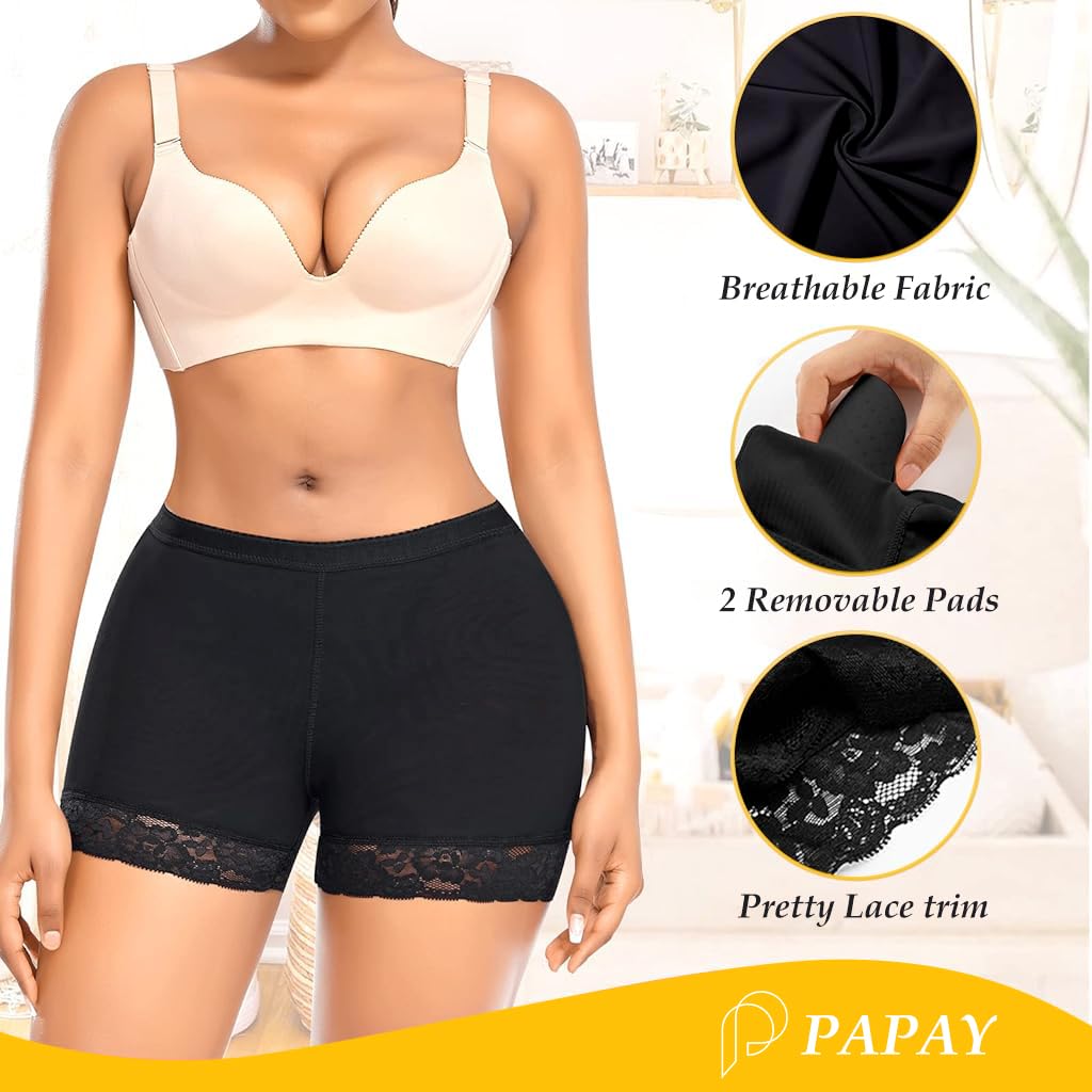 ZIBUYU® Women Butt Lifter Panties Padded Shapewear Hip Enhancer Panties Lace Pads Shorts Seamless Underwear Tummy Control Boyshorts, XL, Black