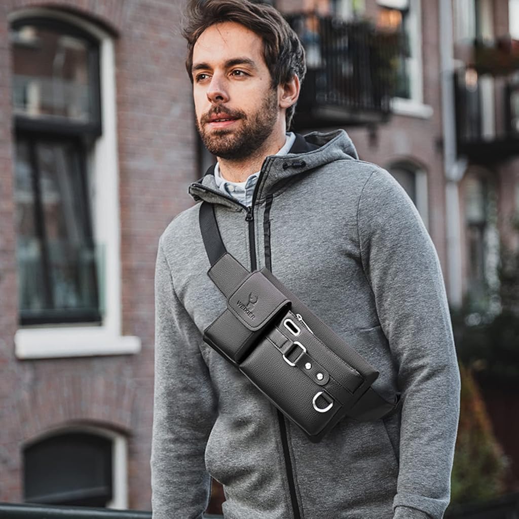 ZIBUYU Men Phone Bag Chest Bag Waist Bag Fashion PU Leather Phone Bag Shoulder Bag Card Bag Adjustable Shoulder Strap with Quick Release Buckle Fashion Chest Bag for Phone, Wallet, Keys, Card