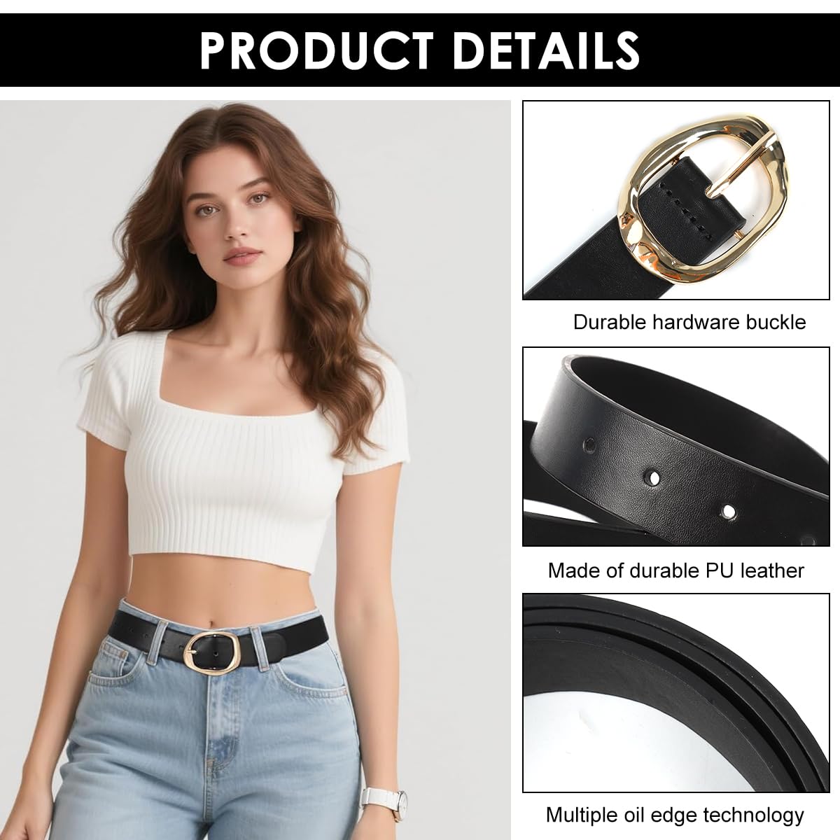 SANNIDHI Black Belt for Women featuring Tuck and Pin Closure with Golden Buckle | Adjustable 112cm PU Leather Waist Belt for Dresses and Jeans