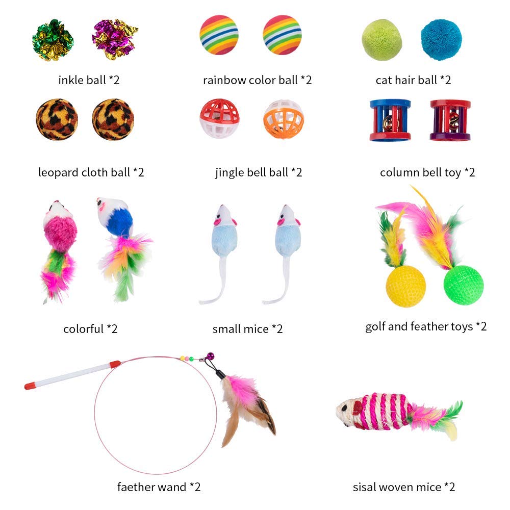 Qpets Cat Toys Kitten Toys Cat Toy for Indoor Cats Cat Feathers Wand Cat Interactive Toys Set with Mouse Mice Balls and Bells Toys for Cats Kitten Toys for Kttens to Play