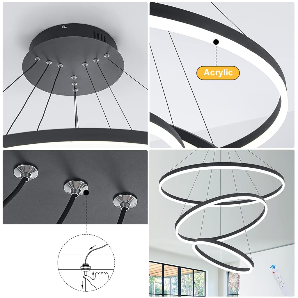 ELEPHANTBOAT LED Chandelier for Living and Dining Rooms with 3 Rings 55W Dimmable Light | Remote Control Adjustable Black Pendant
