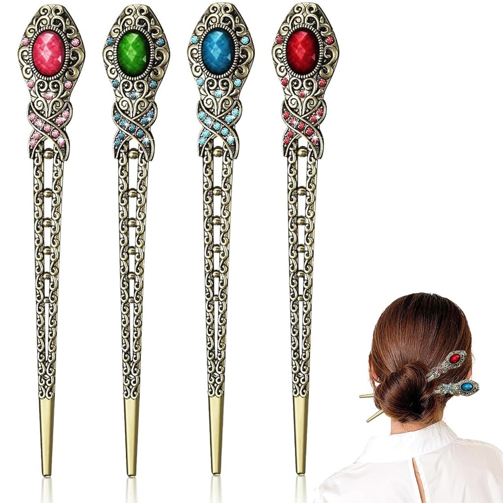 MAYCREATE® 4 Pcs Hair Stick for Bun, Metal Juda Pin U Pin for Hair, Vintage Hair Pins for Women Stylish Hair Chignon Pins Bride Hair Bun Accessories for Women Girls Gift (E - Large)