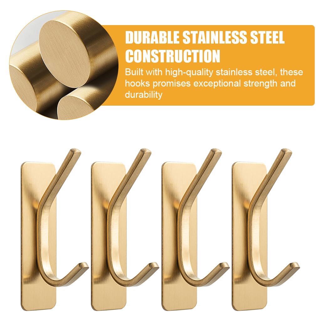 Supvox Wall Hooks for Kitchen Bathroom and Entry featuring Dual Hook Design | 4Pcs Golden Stainless Steel No Drill Adhesive