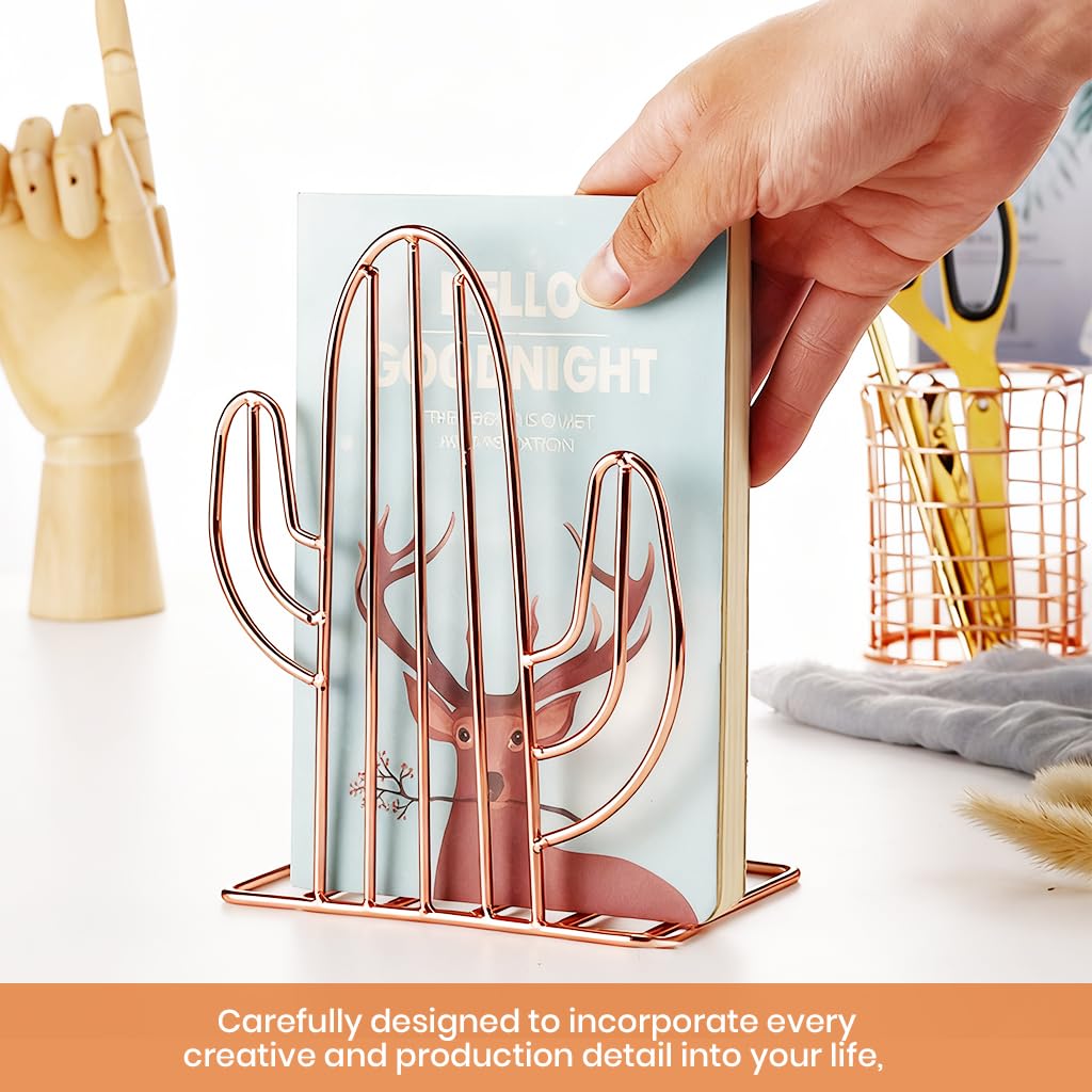 ZIBUYU Bookends for Home and Office with Non Slip Base featuring Brass Cactus Design | Golden Decorative Organizer