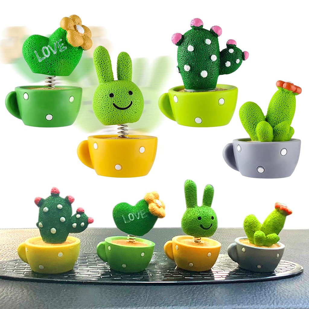 HASTHIP® 4Pcs Car Dashboard Toys Cute Cartoon Resin Car Dashboard Decoration Items Spring Swing Bunny, Heart, Cactus Plants Vibrant Car Accessories Interior Gadgets, Desk Decor, Ideal Gift