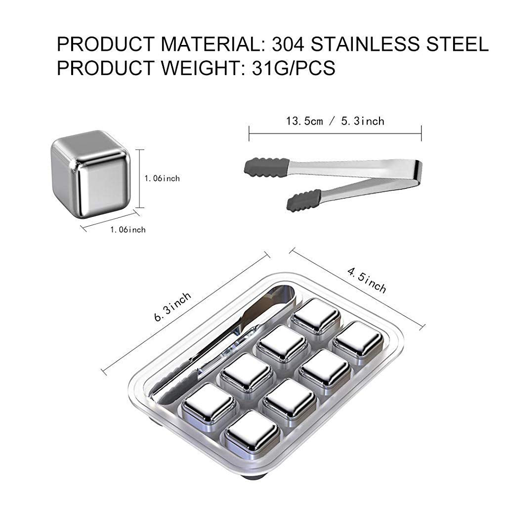 HASTHIP Stainless Steel Ice Cubes Set for Whiskey with Silicone Tongs and Tray 8 Piece | Reusable Drink Chillers