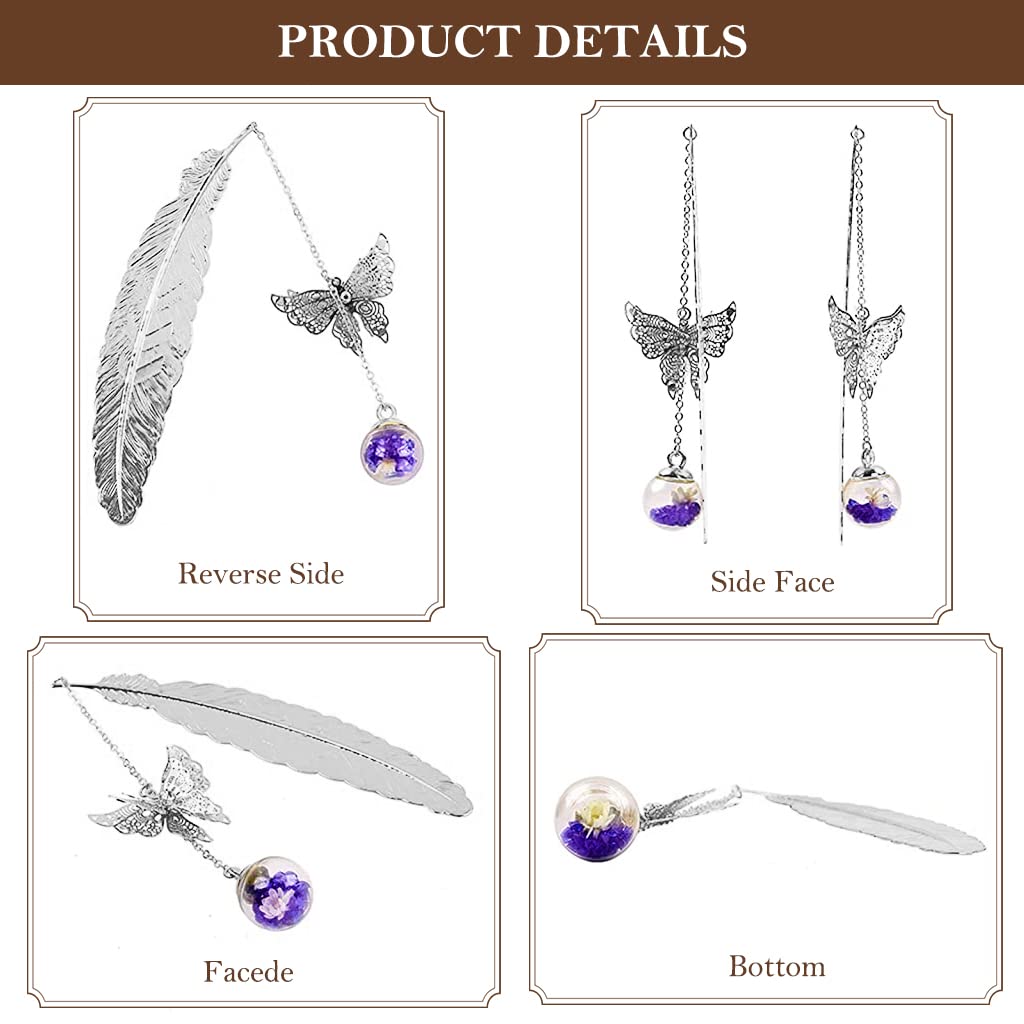 HASTHIP® Metal Feather Bookmark with Glass Beads Pendant, Vintage Feather Butterfly Bookmark for Reading Enthusiasts and Gifting, Bookmark Gift for Teachers Women (Silver Bookmark, Purple Flower)