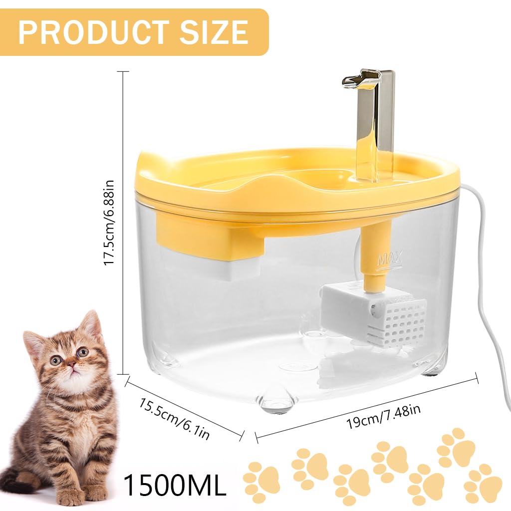 Qpets® Cat Water Fountain, 1.5L Silent Cat Water Fountain with Integrated Filteration & Circulation System Cat Water Fountain Safe Automatic Shut-off Plug and Go Cat Water Fountain, 19x15.5x17.5cm