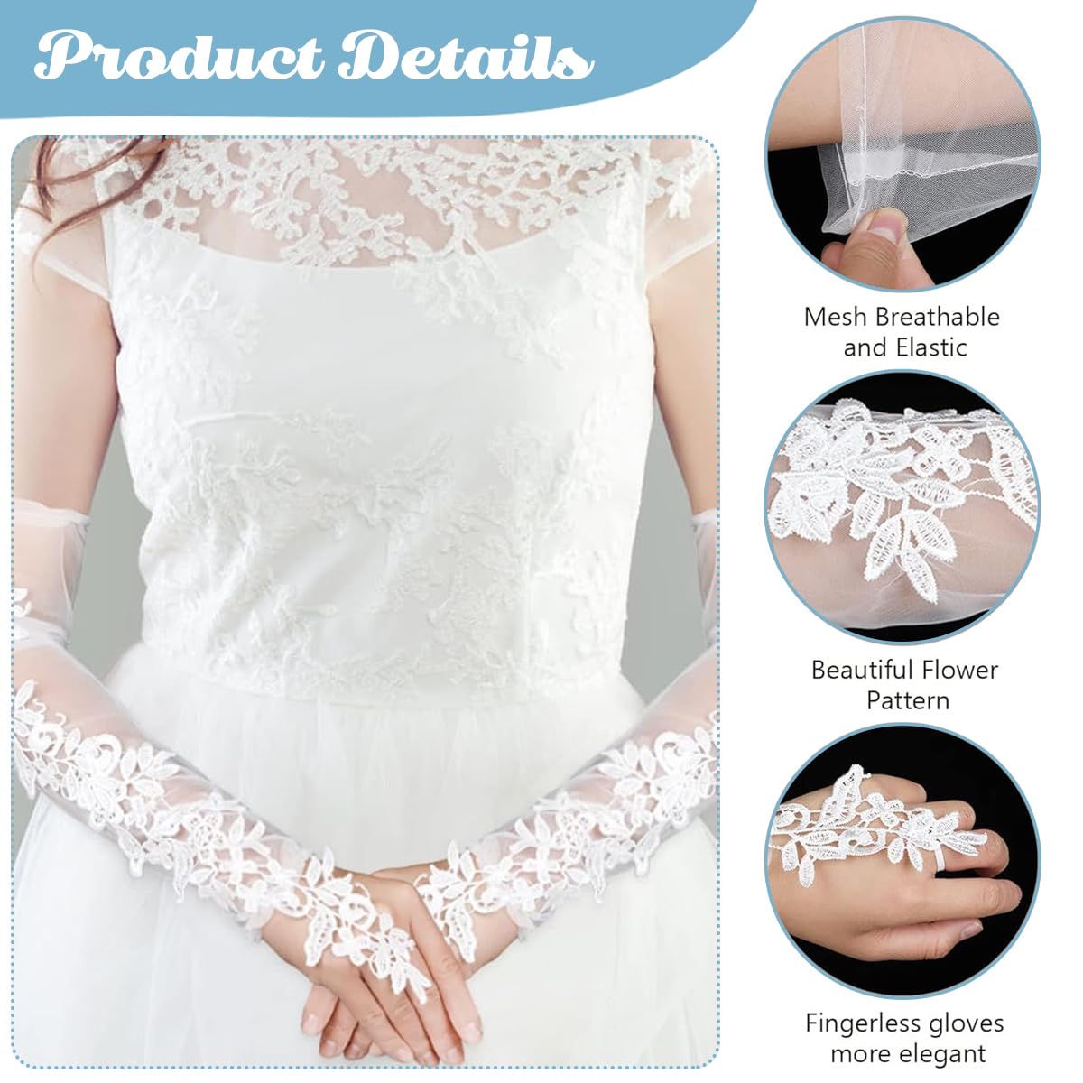 PALAY® Lace Gloves Wedding Gloves for Bride, Elbow Length Bridal Gloves, Flower Jacquard Tulle White Gloves for Women, Elegant Banquet Sleeve White Gloves for Wedding