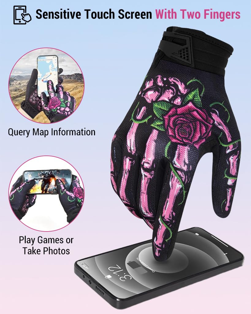 PROBEROS Riding Gloves for Motorcycle Use with Touchscreen Fingertips and Anti Slip Palm | Unisex Gothic Rose Design