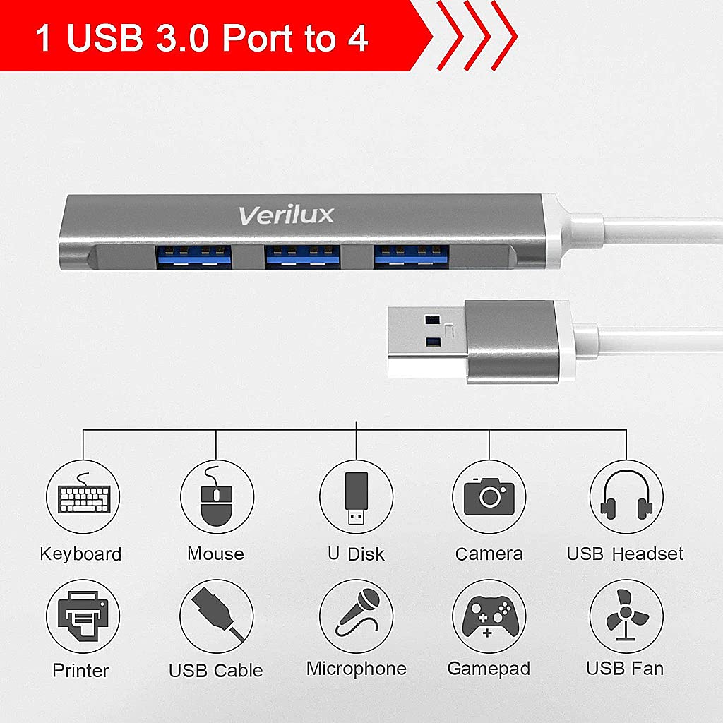 Verilux USB Hub 3.0 for Laptop and PC featuring 4 Ports with 5Gbps Data Transfer | Aluminium Multiport Adapter