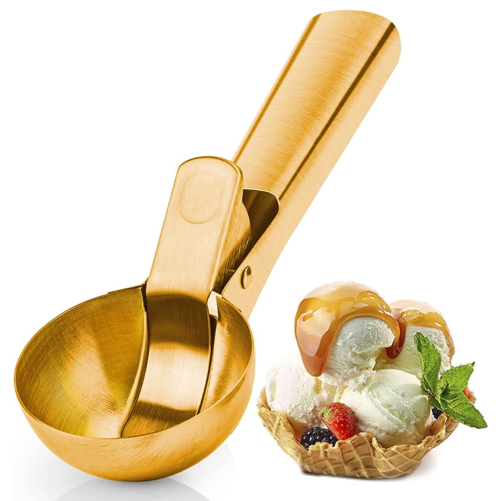 HASTHIP Kitchen Scoop Ice Cream Scoop with Trigger-Release Lever 7 inches Golden Stainless Steel Ice Cream Scoop Dishwasher Safe Multipurpose Kitchen Scoop for  Ice Cream, Fruit, Dessert